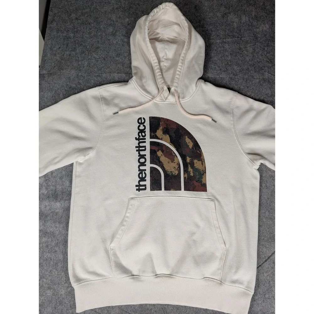 The North Face Mens Cream Camo Logo Pullover Hoodie Off White Sweatshirt L